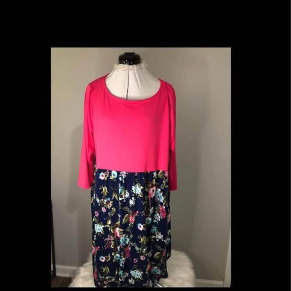 Emerald Dress 2X, Plain Pink Top with Floral Skirt, Long Sleeve, pockets C7079